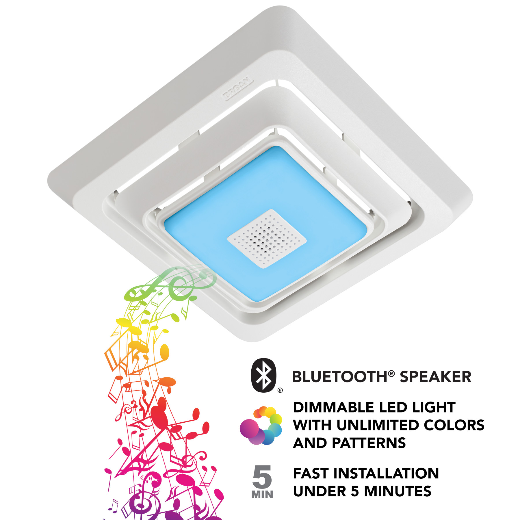 Grille de remplacement pour ventilateur de salle de bains Broan® ChromaComfort avec haut-parleur intégré SensonicMC (4)